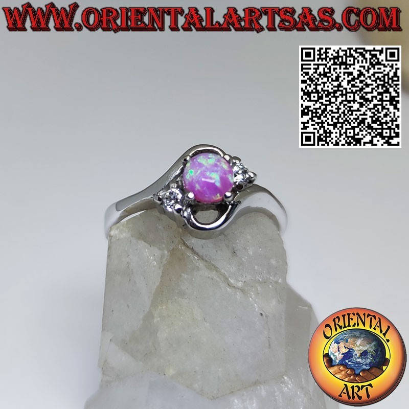 Bague oblique "trilogie" en argent sertie d'opales roses rondes et zircon blanc latéral