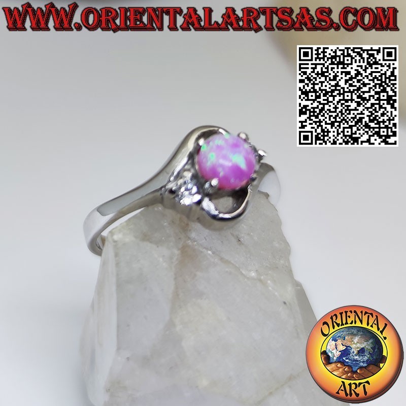 Anillo oblicuo "trilogía" de plata con ópalo rosa redondo engastado y circonita blanca lateral