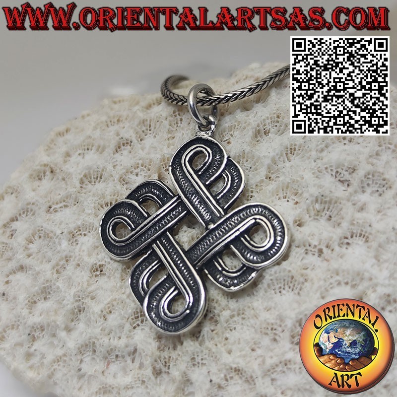 Silberner Anhänger in Form eines tibetischen Srivatsa-Unendlichkeitsknotens, Symbol für Weisheit und Harmonie