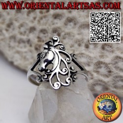 Silver ring, horse head in profile with floral foliage