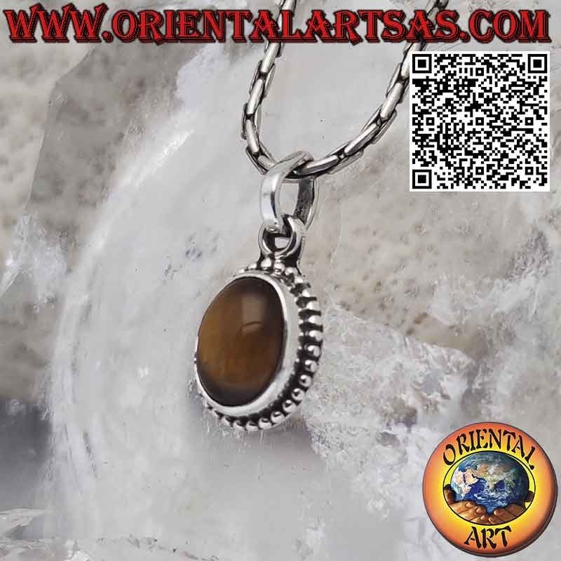 Silver pendant with oval tiger eye cabochon surrounded by balls
