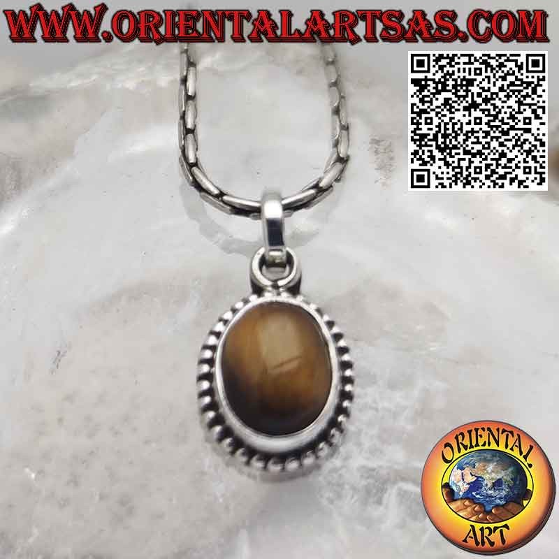 Silver pendant with oval tiger eye cabochon surrounded by balls