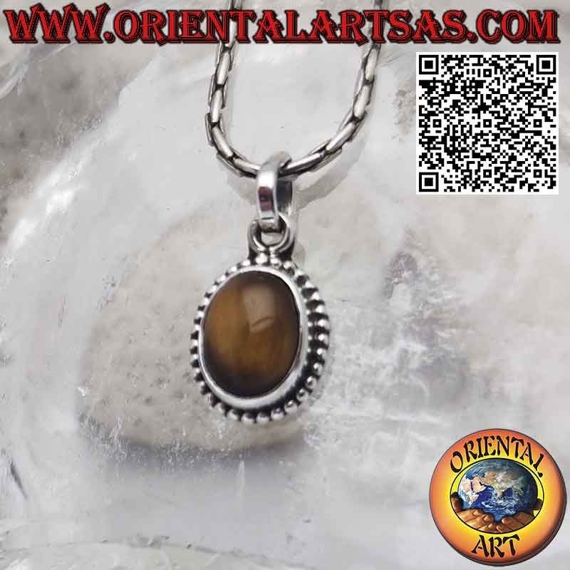 Silberanhänger mit ovalem Tigerauge-Cabochon, umgeben von Kugeln