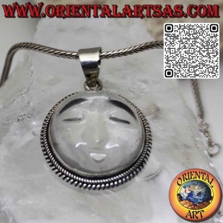 Silver sun pendant carved on rock crystal and braided edge