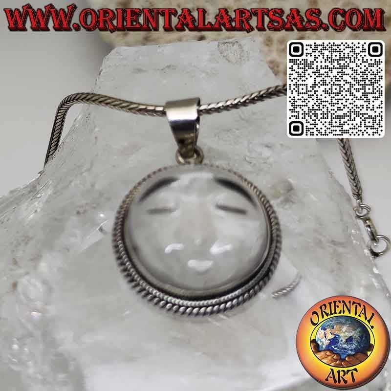 Silver sun pendant carved on rock crystal and braided edge
