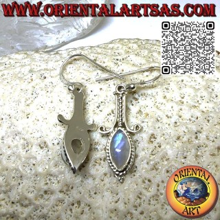 Boucles d'oreilles longues en argent avec pierre de lune arc-en-ciel navette