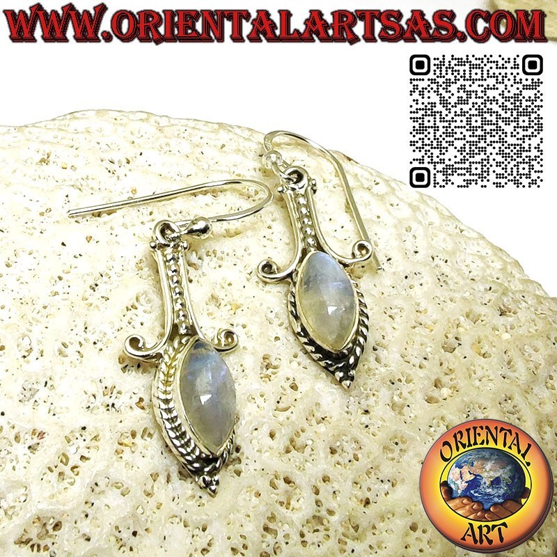 Boucles d'oreilles longues en argent avec pierre de lune arc-en-ciel navette