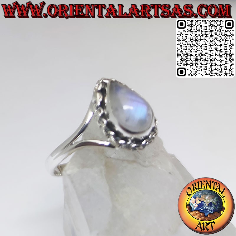 Silver ring with teardrop moonstone surrounded by braiding