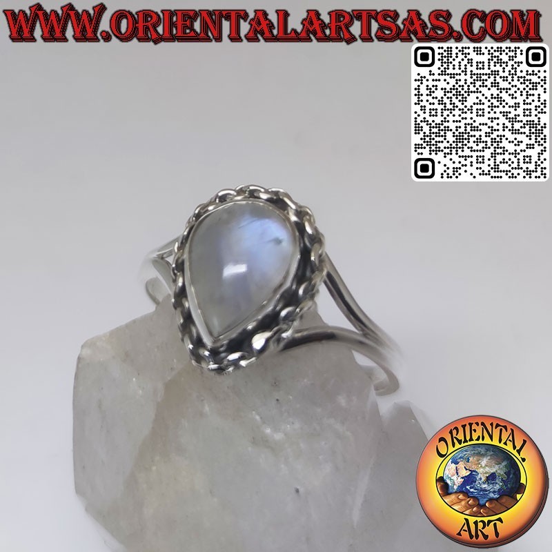 Bague en argent avec pierre de lune ronde ornée et spirale sur les côtés
