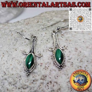 Pendientes largos de plata con cabujón lanzadera de malaquita natural