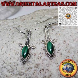 Long silver earrings with natural malachite shuttle cabochon