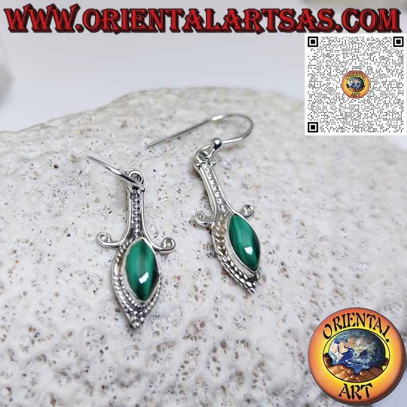 Long silver earrings with natural malachite shuttle cabochon