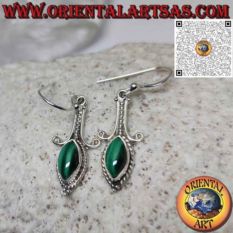 Lange Silberohrringe mit natürlichem Malachit-Shuttle-Cabochon