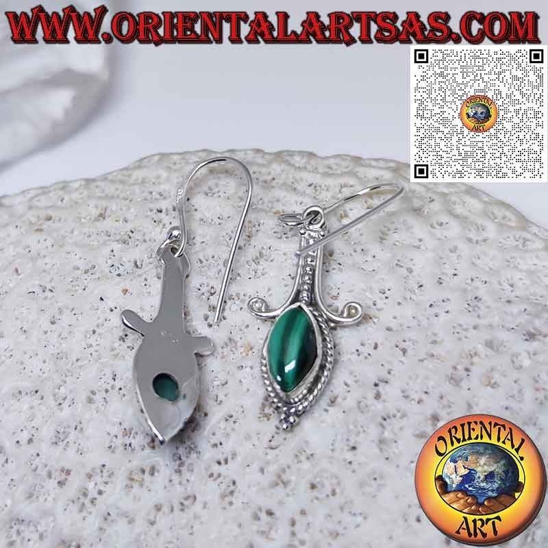 Orecchini in argento lungo con malachite naturale cabochon  a navetta