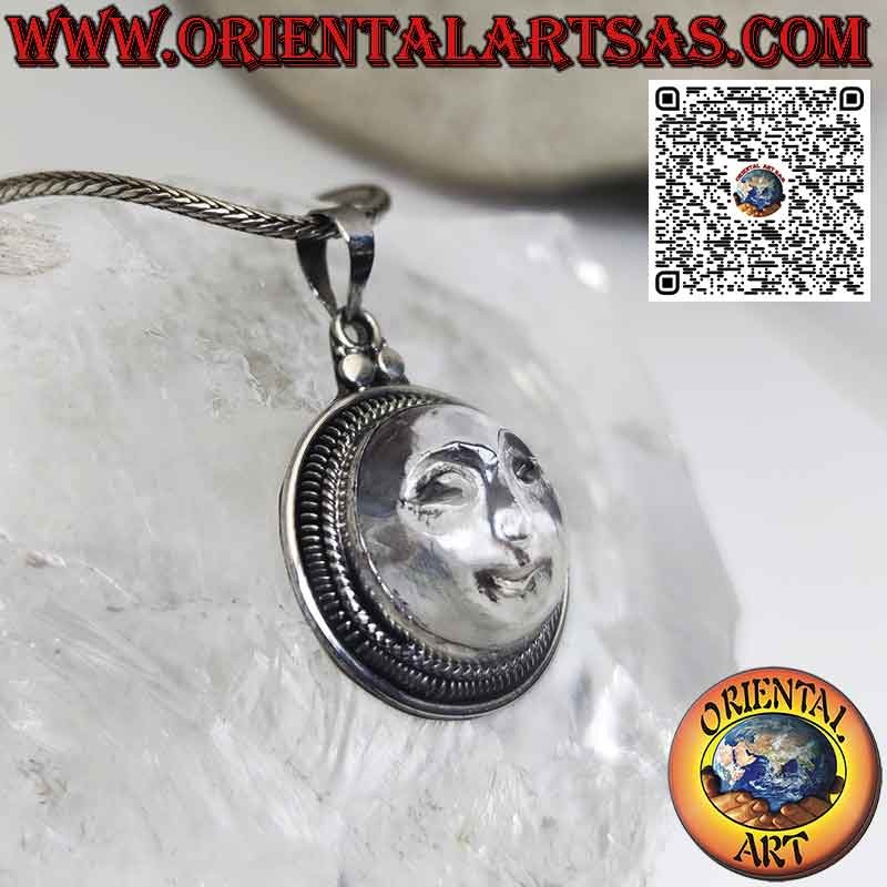 Silver sun pendant carved on rock crystal, wide edge