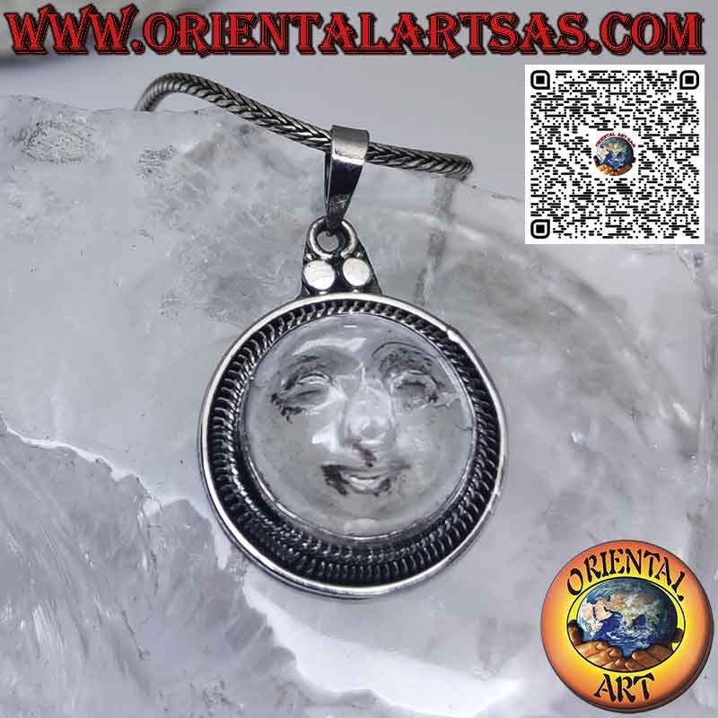 Pendentif soleil en argent sculpté sur cristal de roche, bord large