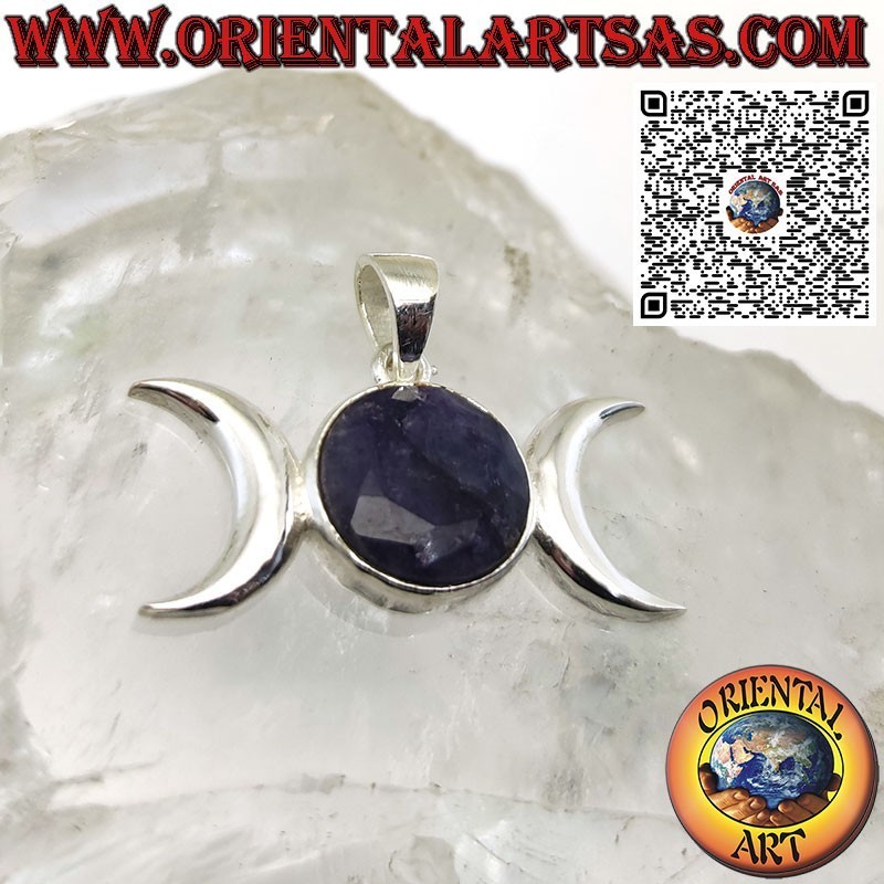 Colgante Wicca triple diosa luna de plata con zafiro natural