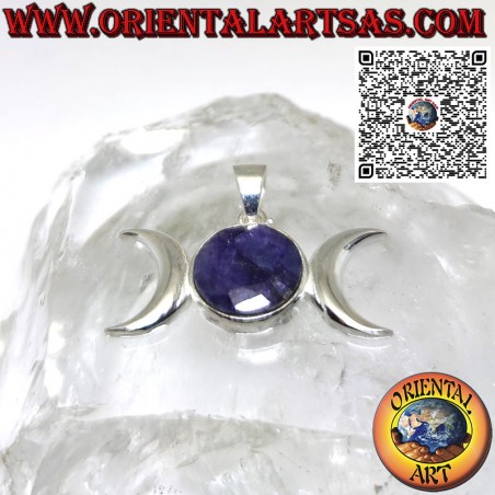 Wicca triple goddess moon silver pendant with natural sapphire