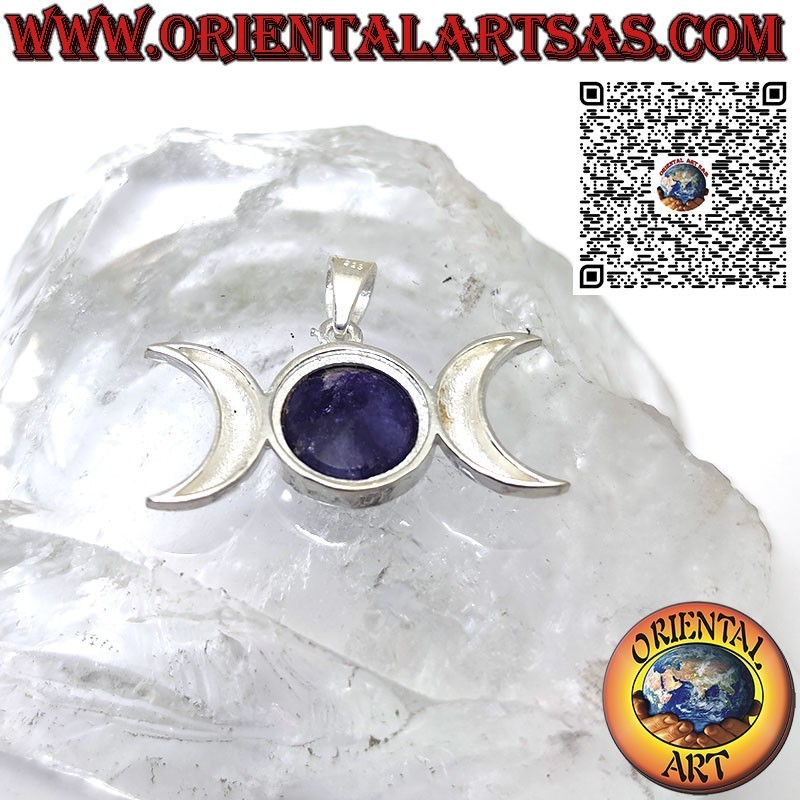 Wicca triple goddess moon silver pendant with natural sapphire