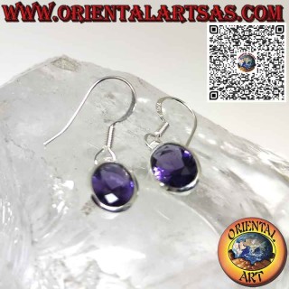Silver earrings with oval faceted amethyst with simple edge