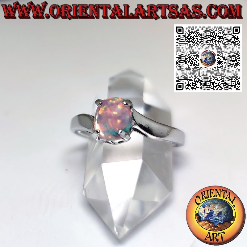 Silberring mit ovalem Harlekin-Opal und asymmetrischer Fassung