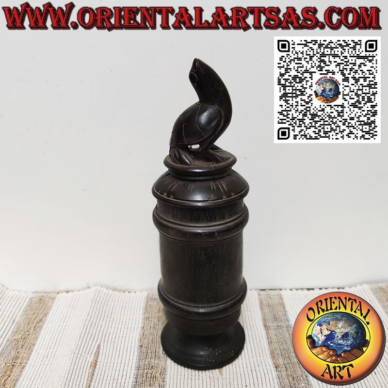 Antique cylindrical bamboo and wood container with turtle, Batak