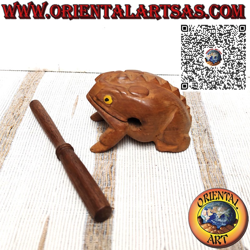 Singing frog (playable) with yellow eyes made of teak wood, croaking