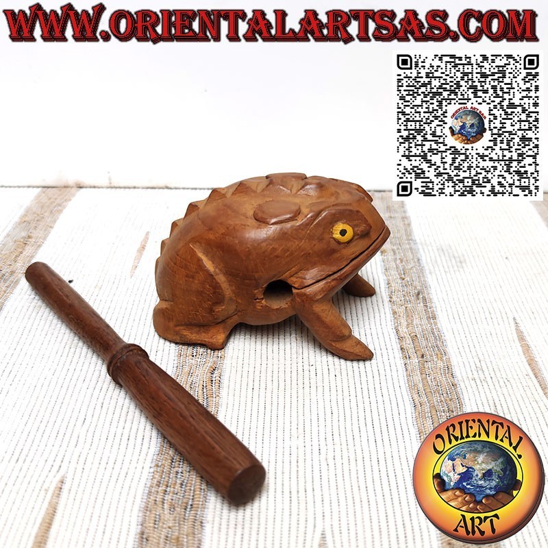 Grenouille chantante (jouable) aux yeux jaunes en bois de teck, coassement