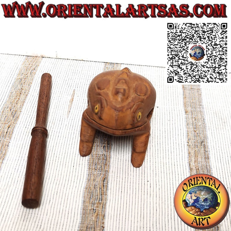 Singing frog (playable) with yellow eyes made of teak wood, croaking
