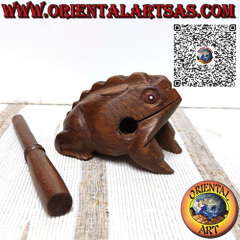 Grenouille chantante (jouable) aux yeux rouges en instrument de musique en teck