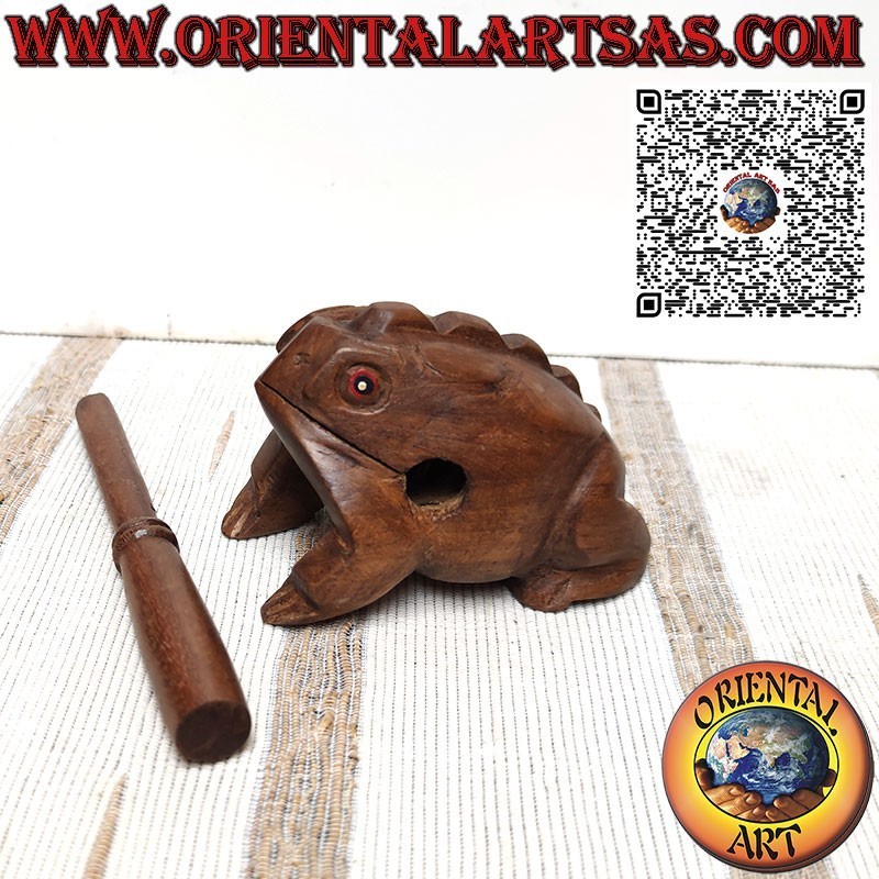 Grenouille chantante (jouable) aux yeux rouges en instrument de musique en teck