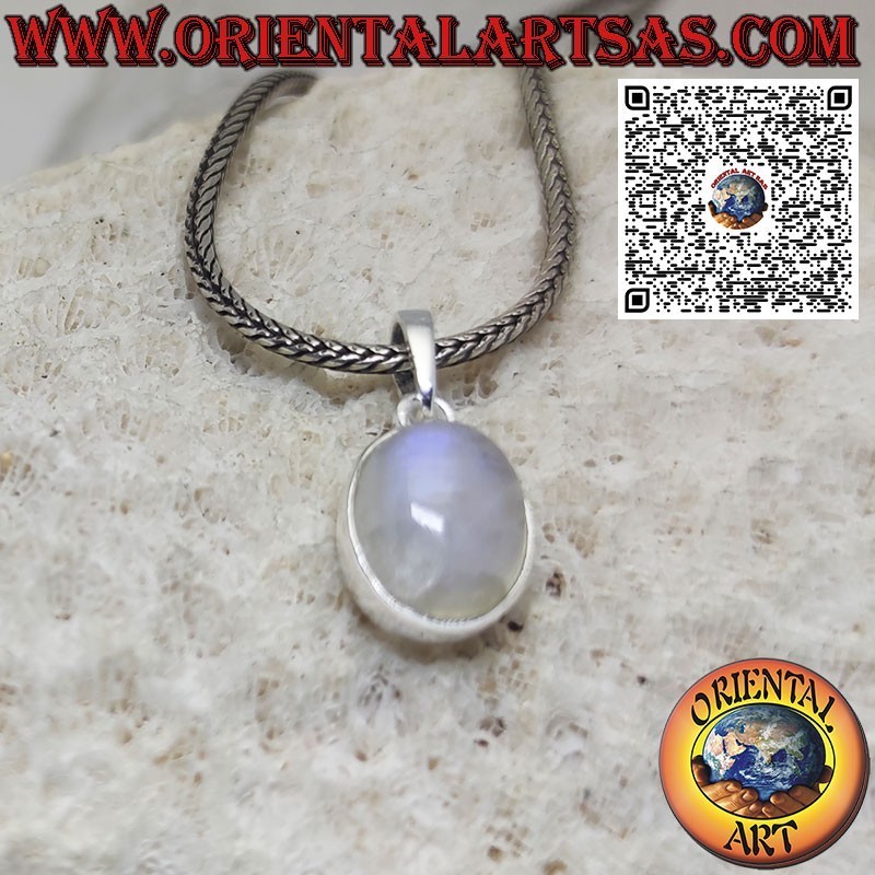 Pendentif en argent avec pierre de lune arc-en-ciel ovale et bord lisse