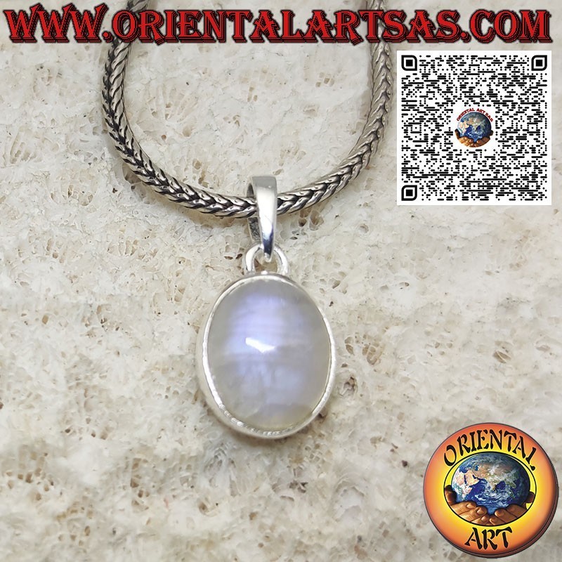Pendentif en argent avec pierre de lune arc-en-ciel ovale et bord lisse