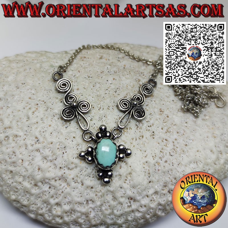 925 silver necklace with oval natural turquoise and spirals on the sides