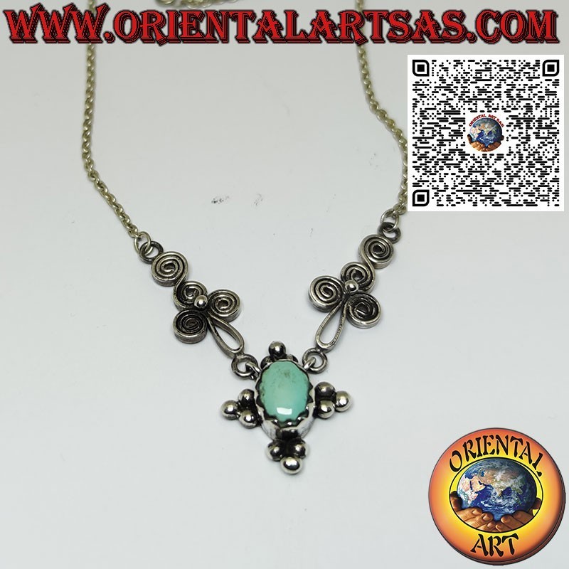 Collana in argento 925 con turchese naturale ovale e spirali sui lati