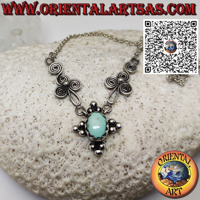 925 silver necklace with oval natural turquoise and spirals on the sides