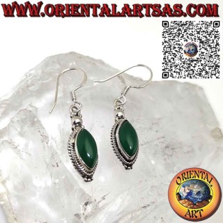 Boucles d'oreilles en argent avec agate navette verte entourée de galon