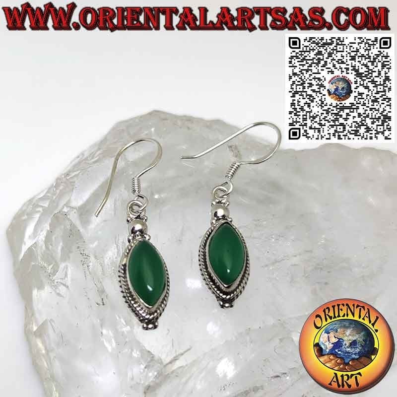 Silver earrings with green shuttle agate surrounded by braid