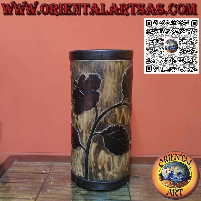 Single trunk wooden umbrella stand hand-carved with floral subjects