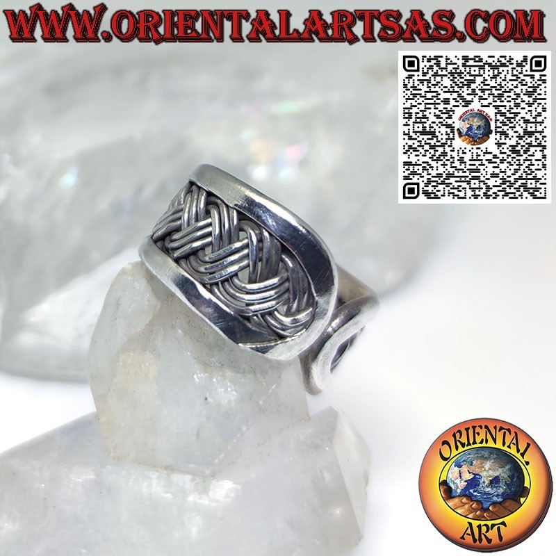 Silver band ring with 3-strand weave, made by Karen