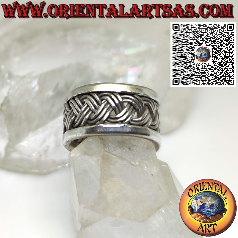 Silver band ring with 3-strand weave, made by Karen