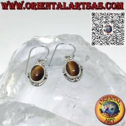 Silver earrings with small oval tiger eye, sphere edge