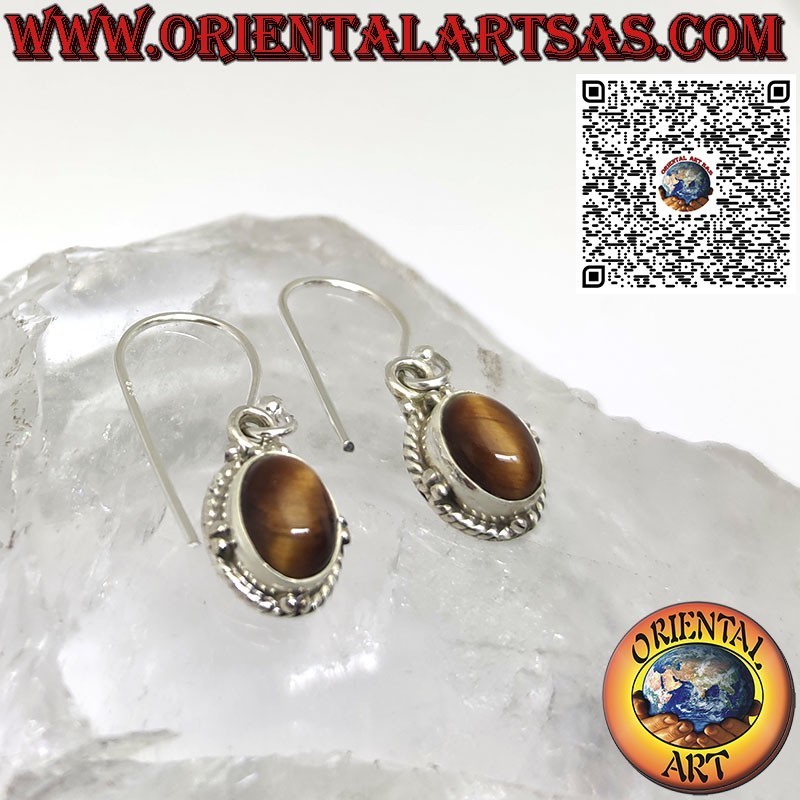 Silver earrings with small oval tiger eye, sphere edge