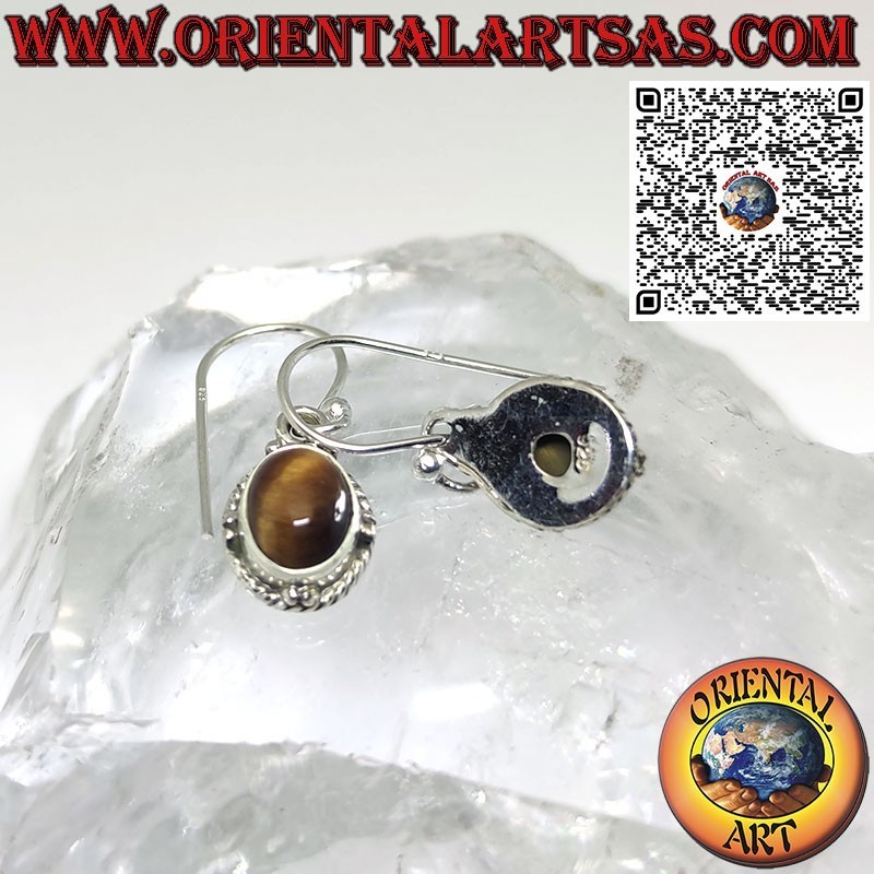 Boucles d'oreilles en argent avec petit oeil de tigre ovale, bord sphère