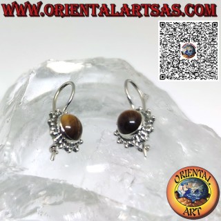Silver sun pendant earrings with round cabochon tiger eye surrounded by weaving