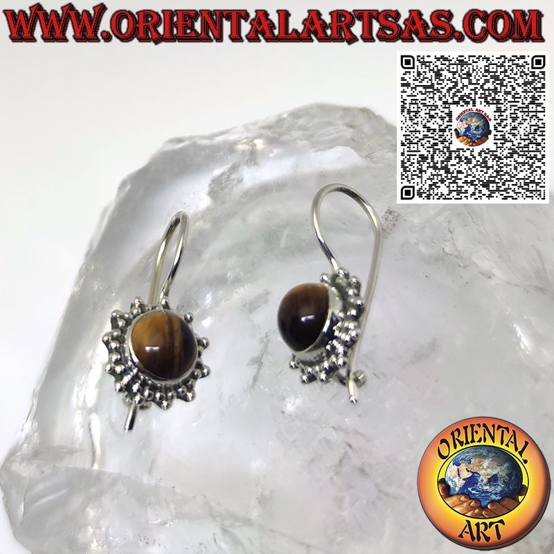 Pendientes colgantes de sol de plata con ojo de tigre cabujón redondo rodeado de tejido