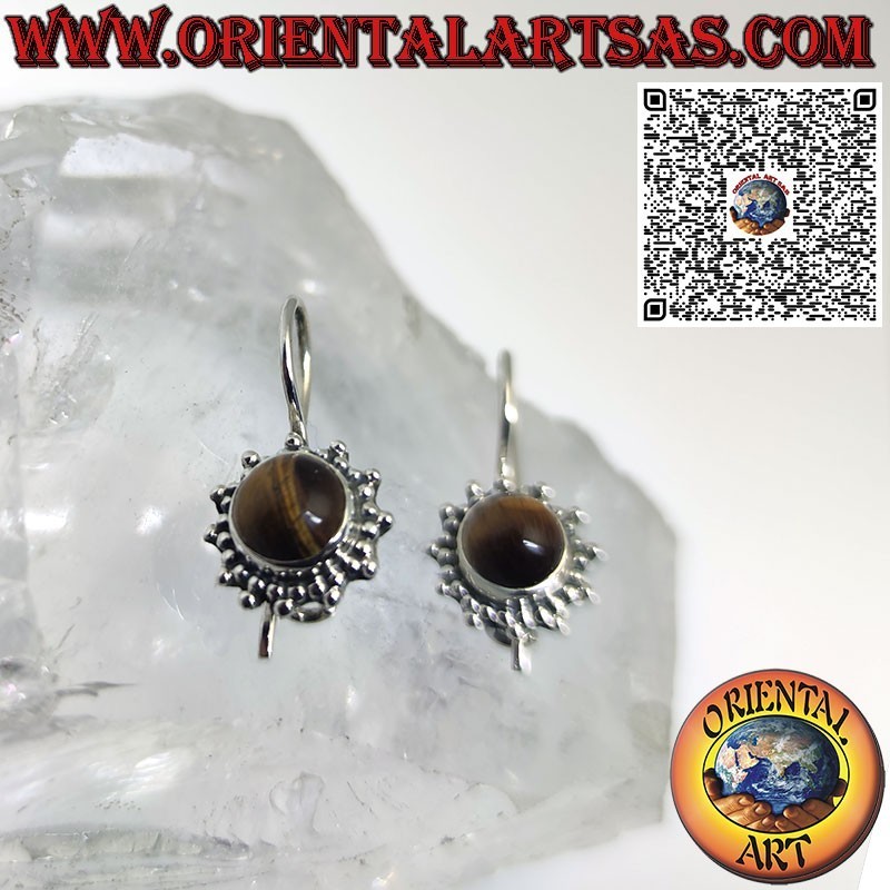 Silver sun pendant earrings with round cabochon tiger eye surrounded by weaving