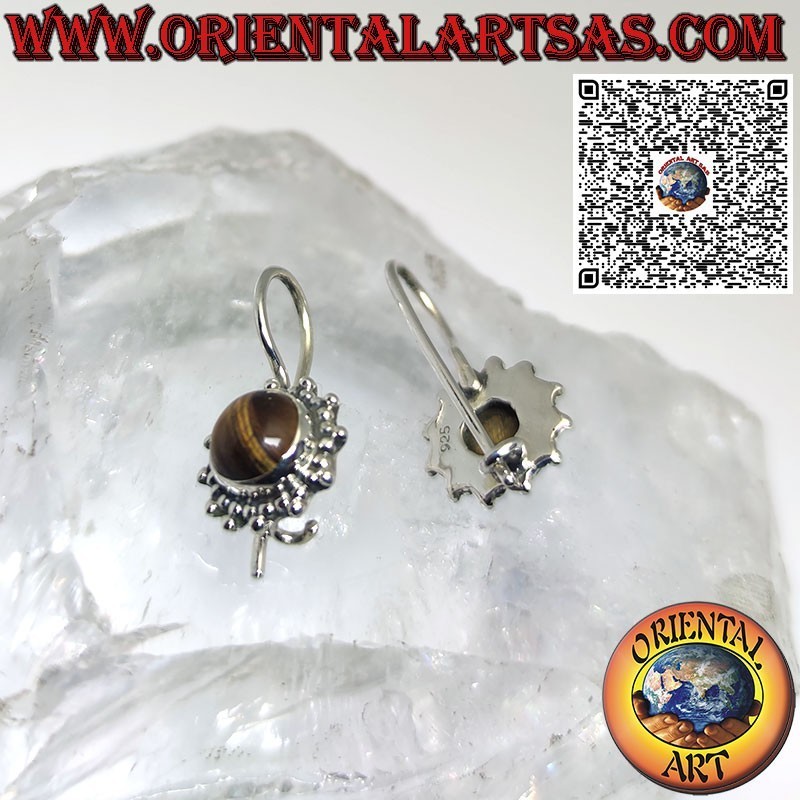 Boucles d'oreilles pendentif soleil en argent avec oeil de tigre cabochon rond entouré de tissage