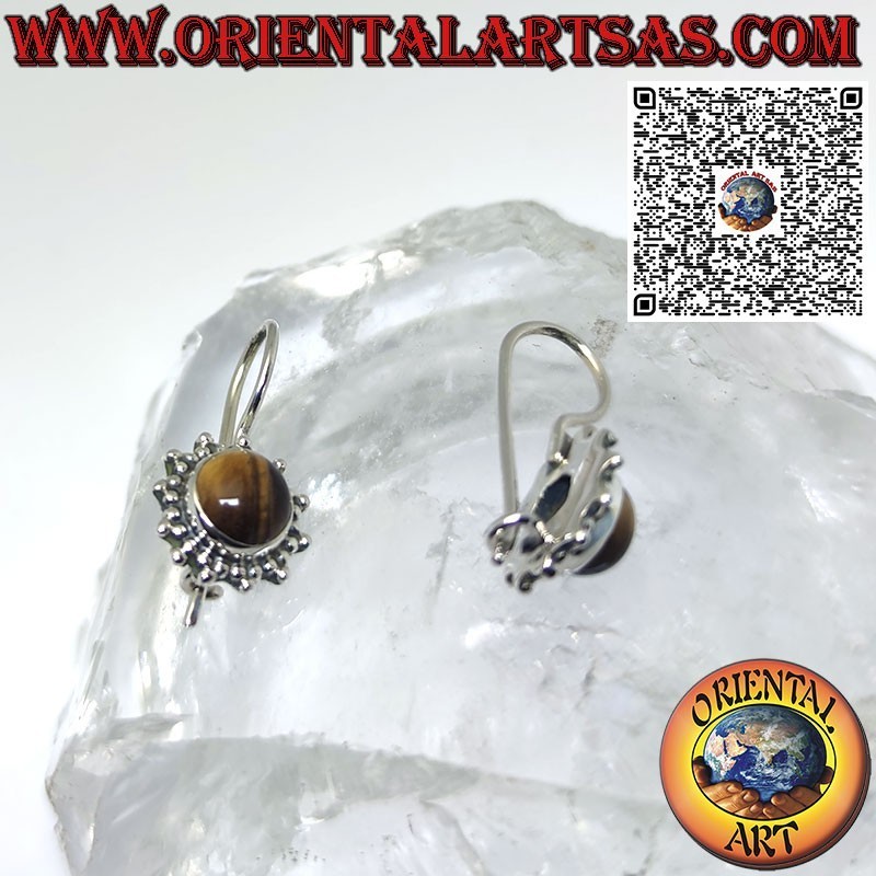 Boucles d'oreilles pendentif soleil en argent avec oeil de tigre cabochon rond entouré de tissage