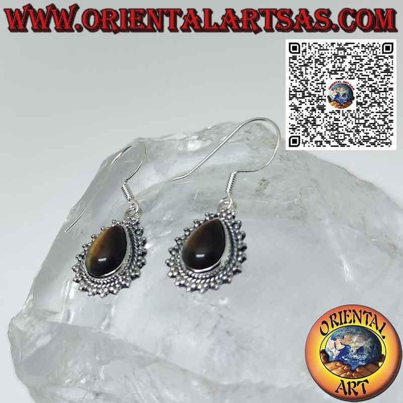 Boucles d'oreilles en argent avec oeil de tigre en forme de larme et bord de sphère
